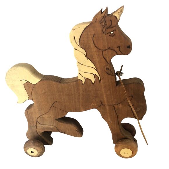 Vitange Wooden Hand Crafted Pull Along Horse Sz 14x16 Hand Painted Legs Move - Picture 2 of 16